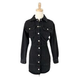 ZARA Long Sleeve Button Front Denim Mini Dress Black Size XS NWT